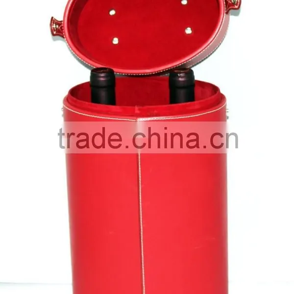 Red Color Leather Round Barrel Wine Box/Case With Handle photo-3