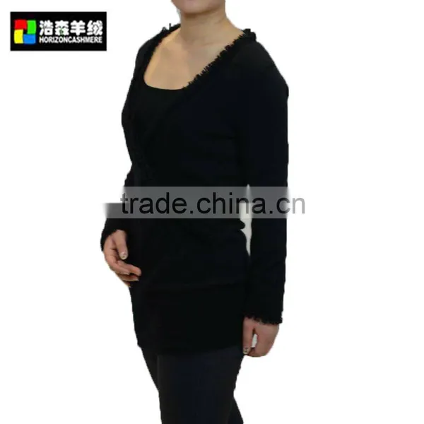Fringe Trim Cashmere Women Knitted Sweater, Women Black Knitting Pattern Sweater photo-3