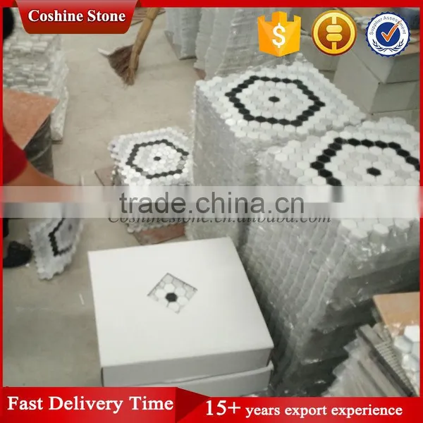 White Carrara and Dark Black Marble Stone Hexagon Shaped Mosaic photo-4