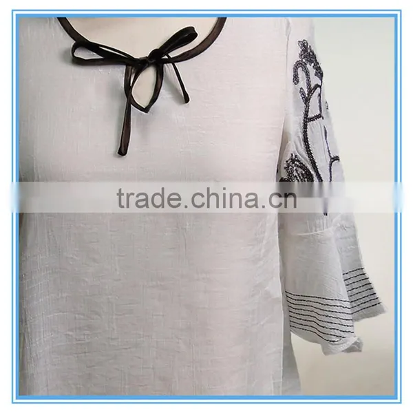 Woman Flared Sleeve Embroidery Tie Neck Cotton Fabric Casual Blouse Designs photo-2