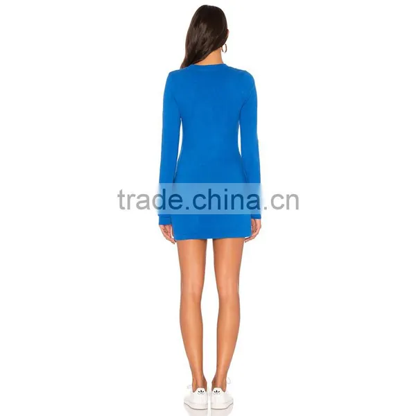 Royal Blue Crew Neck Long Sleeves Fitted Knitted Short Dress photo-6