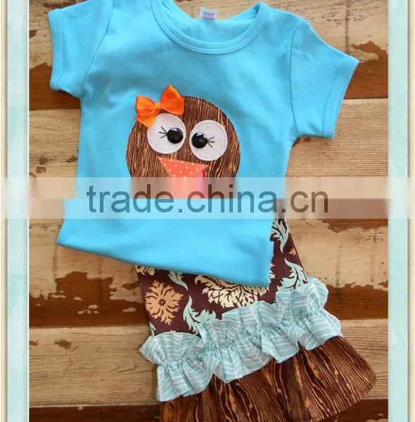 Turkey Tail Set Double Ruffle Pants and Turkey Top Long or Short Slvd Applique Blue Shirt & Floral Ruffle Pant Set 2016 photo-3