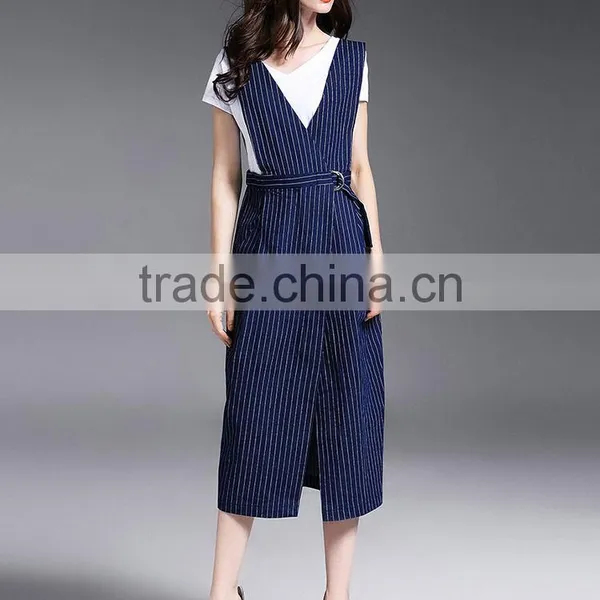 Fashion Women Sleeveless Striped Spaghetti Strap Dresses New Design Denim Maxi Dress photo-2