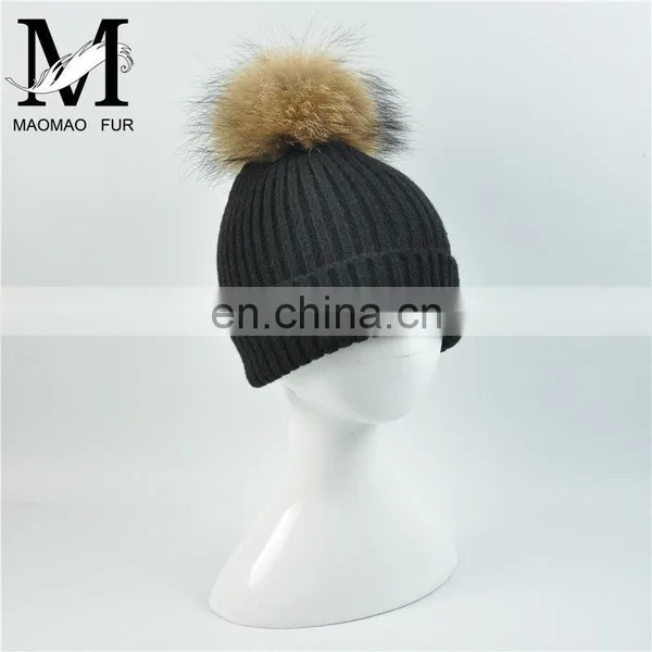 Kids Funny Hat With Big Genuine Raccoon Fur Ball Winter Knit Hat Baby Crochet photo-5