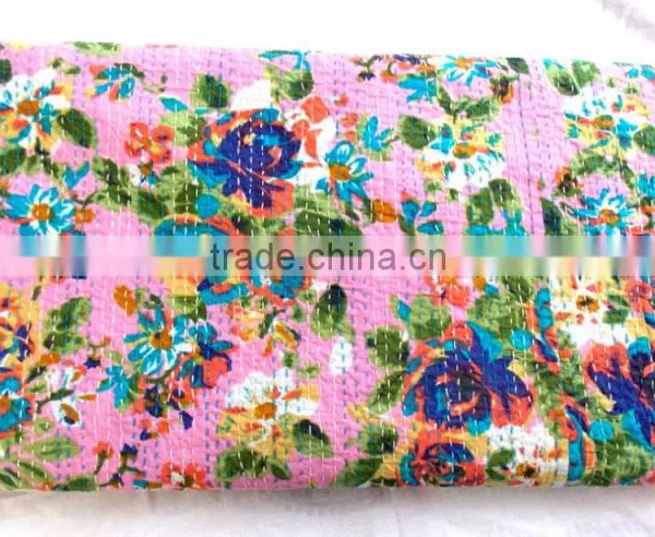 Queen Kantha Quilt Flower Garden Multi Pink Handmade photo-2