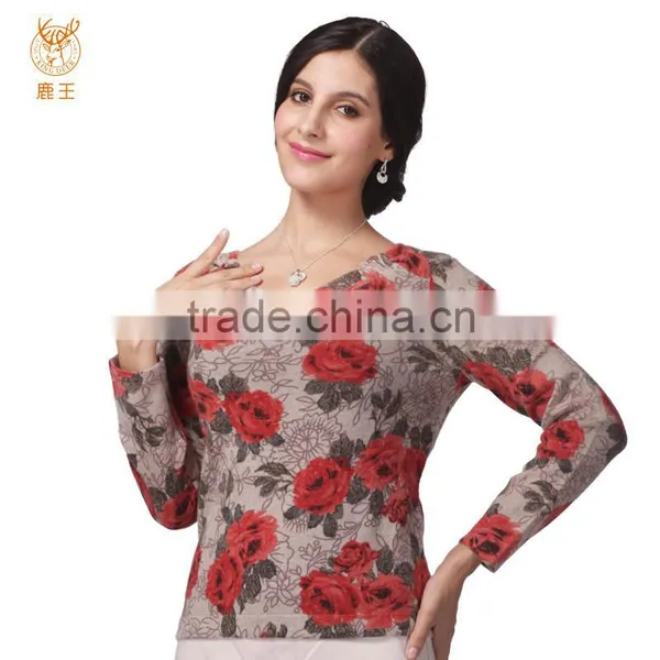 Rose Pattern Print Cashmere Pullover Sweater, Ladies Delicate Print Fancy Sweater
