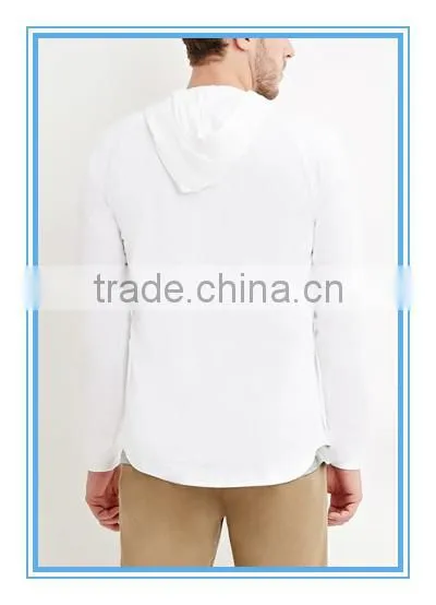 Hooded Henley Raglan Sleeves Hoodie Chambray Trim Button Placket Hoodie Curved Hem Hoodie photo-3