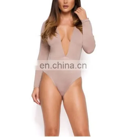 Mika72304 2017Womens V Neck Plunge Stretch Plain Long Sleeve Leotard Top Ladies Bodysuit in Pink