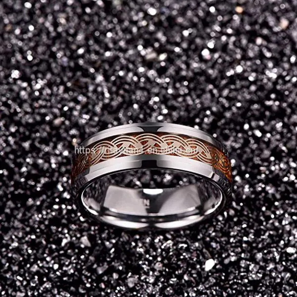 2020 New Arrival T243R NUNCAD Men's 8mm Tungsten Carbide Ring Gold Celtic Knot and Wood Inlay Wedding Band Size 7-12 photo-3