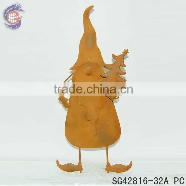 Rustic Metal Gnome Holding Flower Ground Stakes for Garden Decorations photo-6