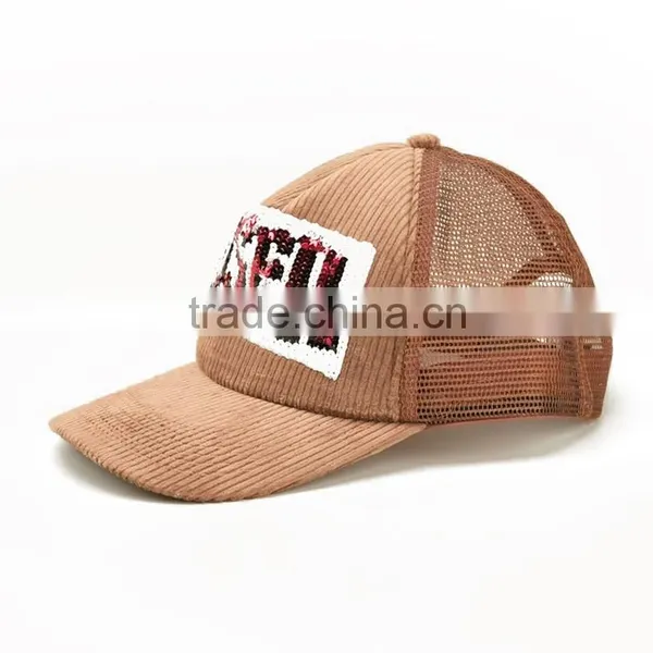 New Design Sequins Curved Bill Hat Custom 5 Panel Corduroy Trucker Cap photo-2
