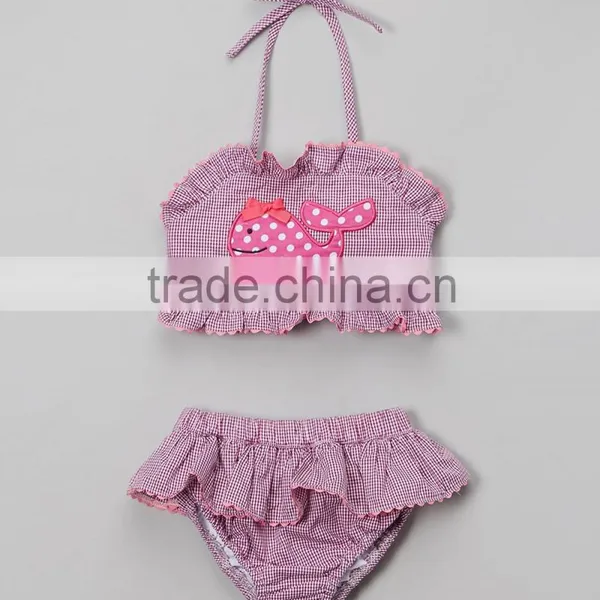 Girl Summer Beach Wear Seersucker Checked Dolphin Bikini Set Ruffle Baby Swimsuit