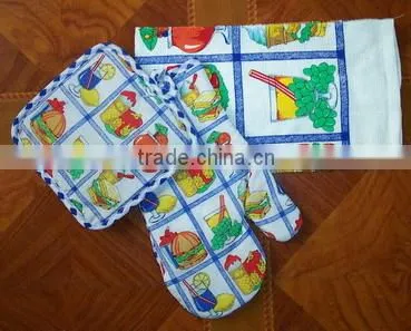 3 Pcs Silk Screen Print Cotton Kitchen Towel and Pot Holder Oven Mitten Set photo-3