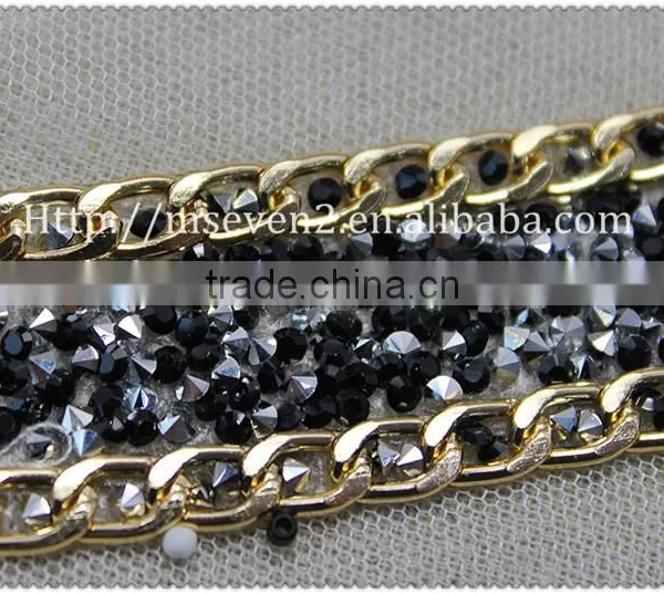 Women Fashion Gold Metal Chain Hot Fix Collar Hot Fix Black Rhinestone Necklace photo-4