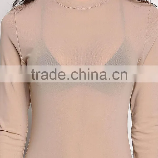 MGOO Custom Minimalist Khaki Mesh Sexy Tops For Ladies Long Sleeves Boat Neck Nylon Spandex Bodysuits photo-4