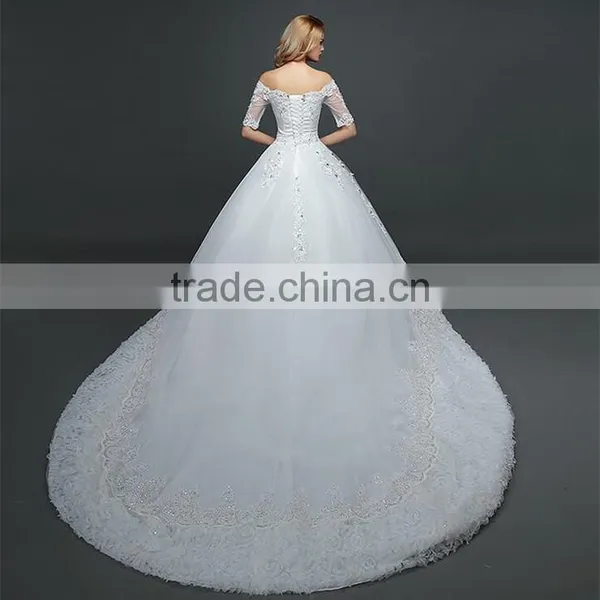 MGOO Off Shoulder Short Sleeve Shinny Beaded Lace Hem A-line Floor Length Wedding Dress Crisscross Back photo-2
