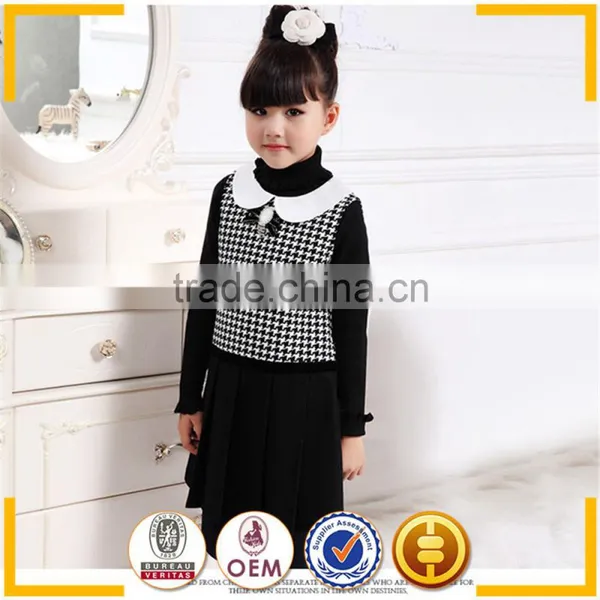 2015 Fashion Woolen Girls Dresses Woolen Dress for Winter Black White Houndstooth Fabric photo-2
