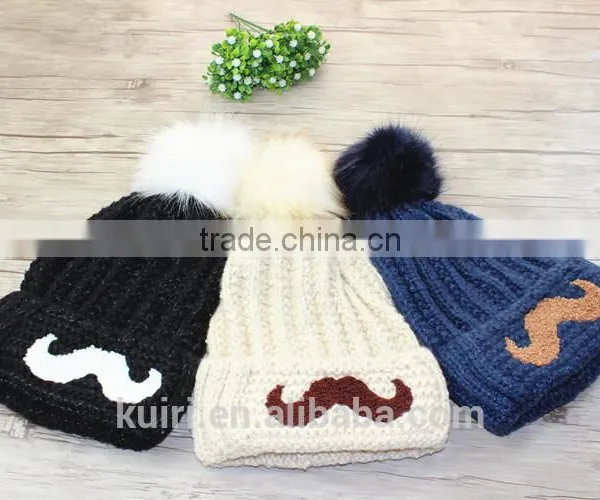 Cartoon Smile Face Lovely Acrylic Knitted With Faux Fur Ball Beanie Women Men Autumn Winter Cap Warm Hat photo-2