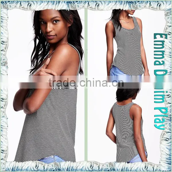 Tops Suppliers China High Quality Womens Deep Round Neck Stripe Long Tank T Shirts photo-5