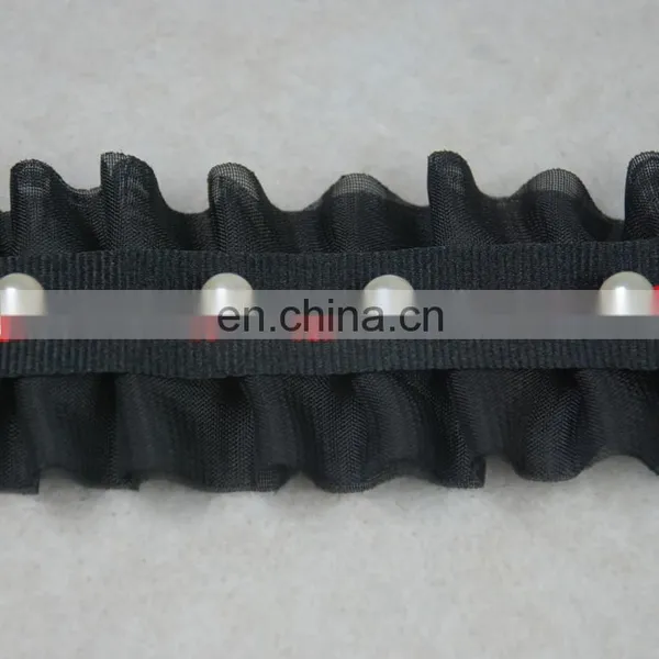 Black Color Beaded Chiffon Ruffle Pearl Trim in 2.5cm photo-3