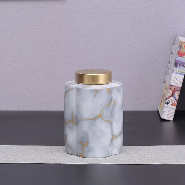 Gold Marble Stripe Sculpture Stone Triangular Conical Covered Flask Ceramic Vase For Living Room photo-3