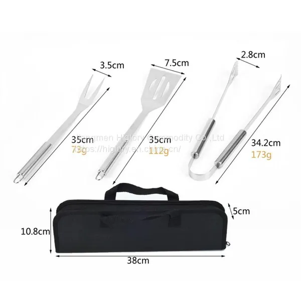 Hot Sale 3pcs Stainless Steel Barbecue Grill Tools Set Cooking Utensil Outdoor Camping BBQ Tools Set photo-3