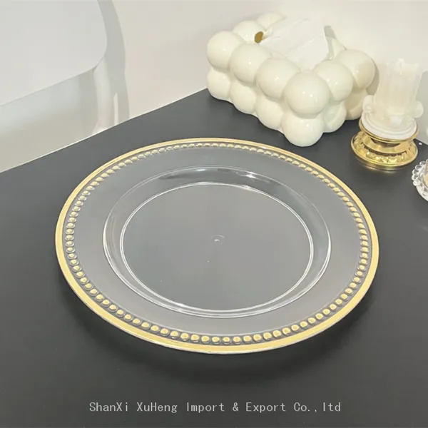 China Wholesale Gold Beaded Rim Clear Charger Plates Plastic Luxury Wedding Dinner Dishes photo-3