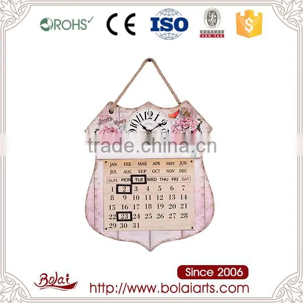Wholesale Shield Shape Roses Printing Calendar Mdf Wood Clock for Sale