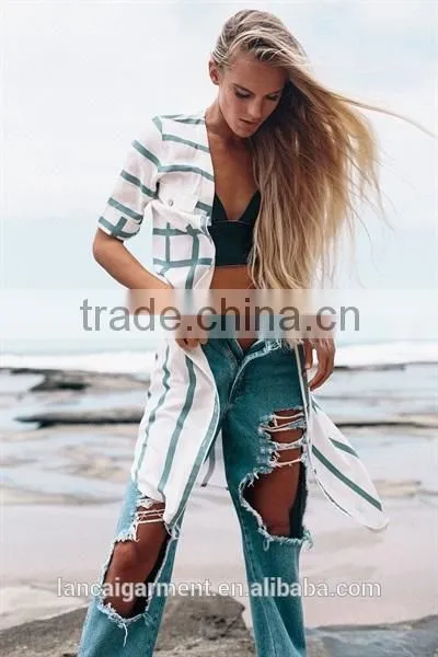 2016 Ladies Stripe Overcoat Women Long Top and Beach Wear photo-3
