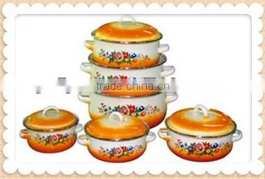 Orange Bottom White Enamel Cookware Pot Set Non-Stick Double Handle Enamel Cooking Pot Set 6 Pcs