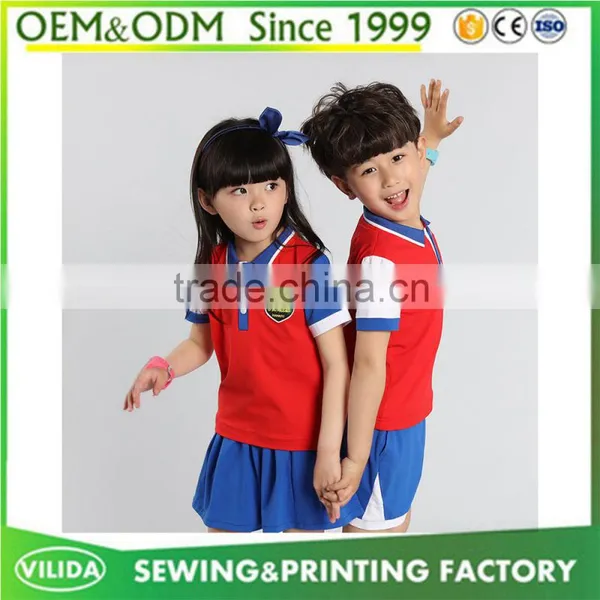 Good Quality Kindergarten Uniform Fashion Primary School Uniform Red Polo Shirt and Bule Shorts or Skirt photo-3