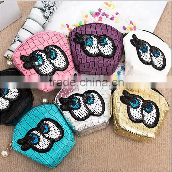 Mini pu Coin Purses Personality Bling Eyes Applique Coin Pouch