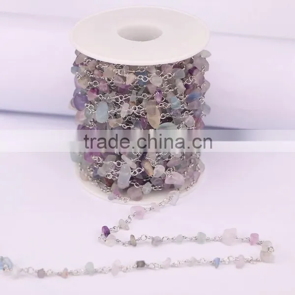 Natural Fluorite Cabochon Beaded Rosary Chains Silver Plated Clip Bead Links Wire Wrapped Chain photo-2