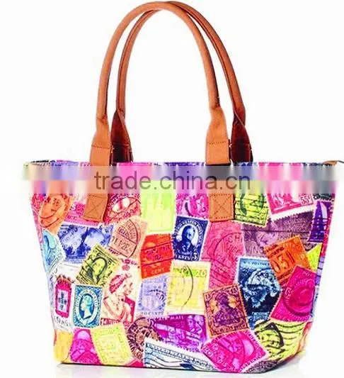 2015 Full Color Canvas Tote Bag Leather Handle photo-4