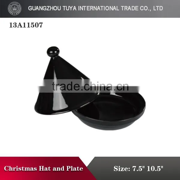 Chrismas Hat Shape Lid & Plate Color Glaze Porcelain Palate photo-2