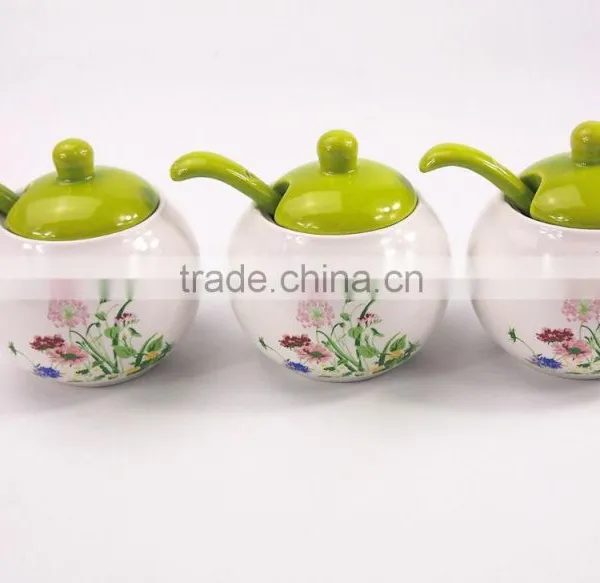 Set Of 3 White Flower Printed Round Ceramic Spice Container Spice Jar With Lid photo-3