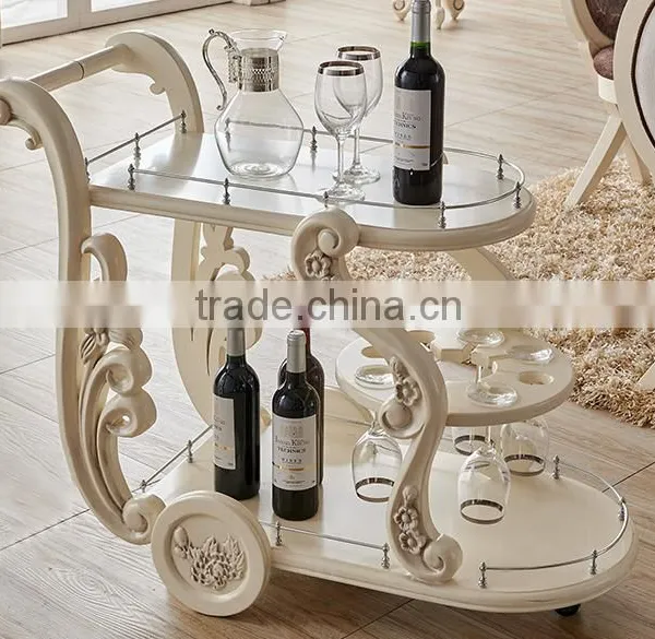 Ivory white color Solid wood hand carving dining trolley