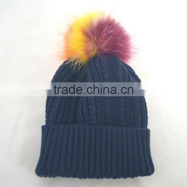 Myfur Navy Color Adults Winter Wool Beanie With Raccoon Fur Pompom Top photo-5