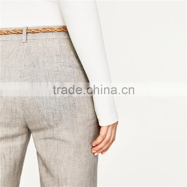 Elegant Fancy Roll-up Hem Linen Grey Dress Pants With Braided Belt photo-3