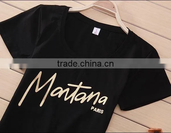 Gold Printing Deep Round Neck Black T-shirt Women photo-2