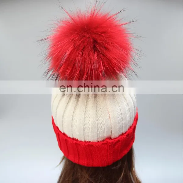 Stock Hat Fashion Winter Real Big Raccoon Fur Ball Knitted Beanie Hat photo-4