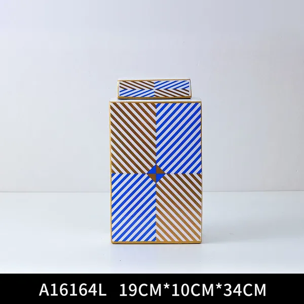European Simple Style Blue Square Sheet Painting Cube Ceramic Flowers Vases With Lid For Study photo-4