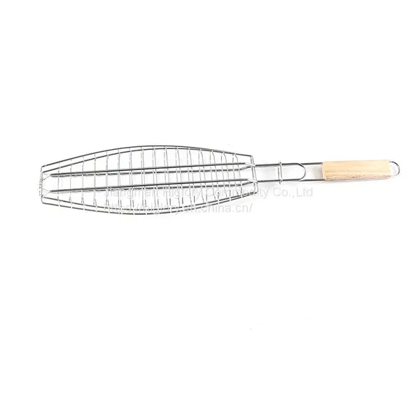 BBQ Fish Grill Basket Chrome Plated BBQ Barbecue Grill Accessories Mesh Wire Fish Basket With Wood Handle photo-4