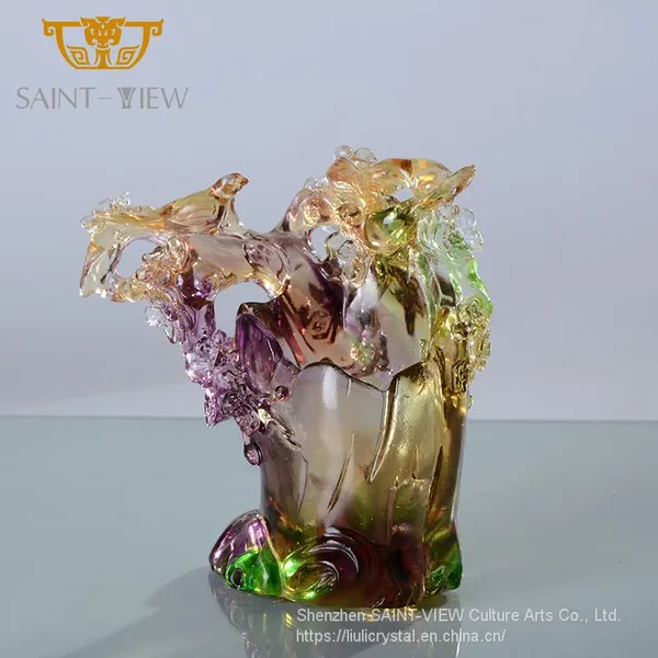 Liuli Crystal Glass Fish Lotus Office Feng Shui Decorative Pen Holder photo-2