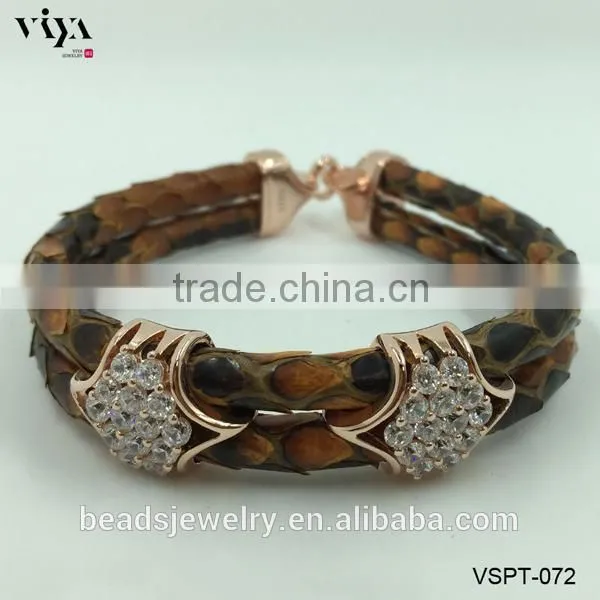 2016 Wholesale Luxury Stingray/ Python Leather Silver Bracelet With Rose Gold Clasps White Diamond