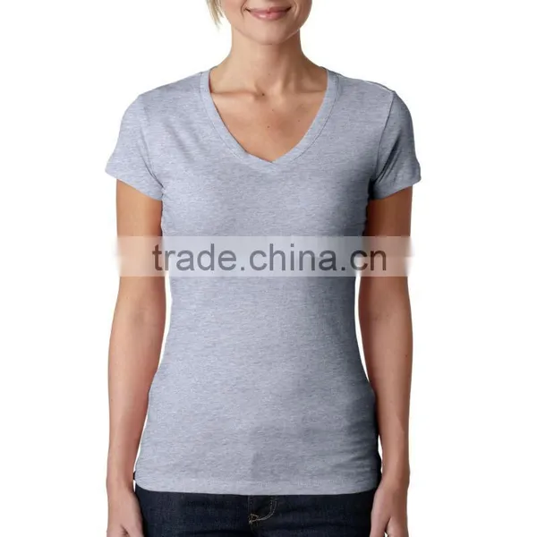 2015 New Promotional Adult Women Blank Combed Cotton Jersy Sporty V-neck T-Shirt photo-2