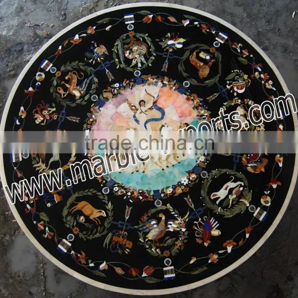 Italian Inlay Marble Dinning Table Top, Round Black Pietra Dura Table Top photo-6