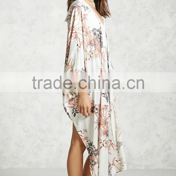 New Design Ladies Clothes Floral Print Handkerchief Hem Open Front 3/4 Length Dolman Sleeves Cardigans Floral Kimono Women photo-4
