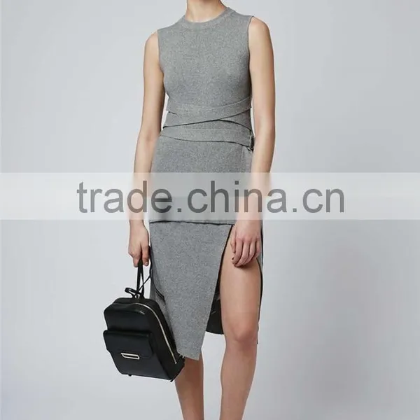 High Quality D-Ring Wrap Skirt Winter Grey Long Skirts Women Slit Office Wear Skirts photo-2