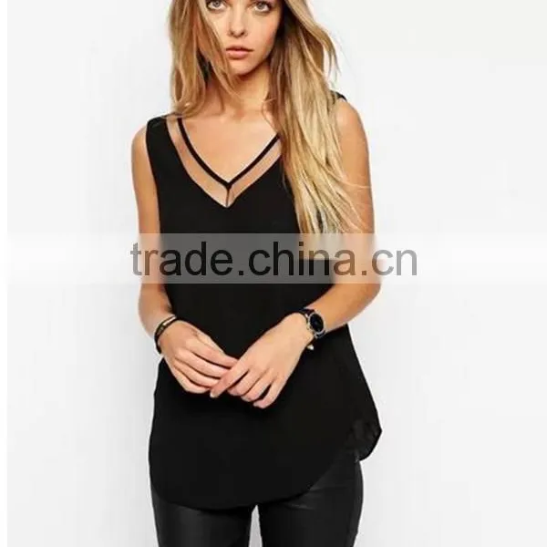 European and American Style Solid Color V-neck Blouses Stitching Gauze Halter T-shirt Tank Top Women